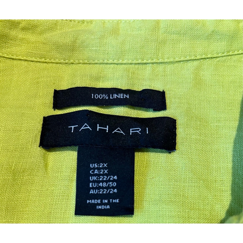 Tahari Womens 2X 100% Linen Tunic Top 3/4 Sleeve Side Button Detail Chartreuse - Picture 2 of 7